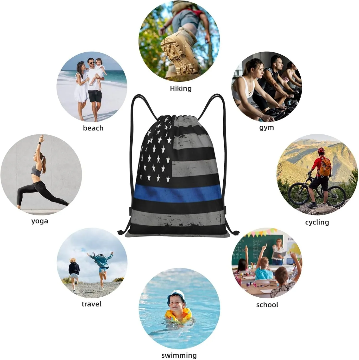 American Thin Blue Line Flag Print Drawstring Bags,Birthday Festival Gym Sports Traveling Multipurpose Sackpack, Black, M