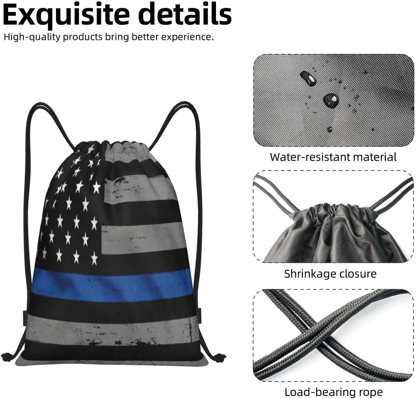 American Thin Blue Line Flag Print Drawstring Bags,Birthday Festival Gym Sports Traveling Multipurpose Sackpack, Black, M