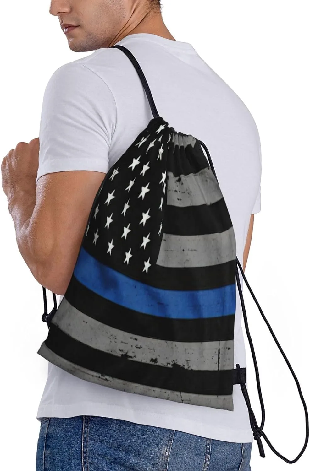 American Thin Blue Line Flag Print Drawstring Bags,Birthday Festival Gym Sports Traveling Multipurpose Sackpack, Black, M