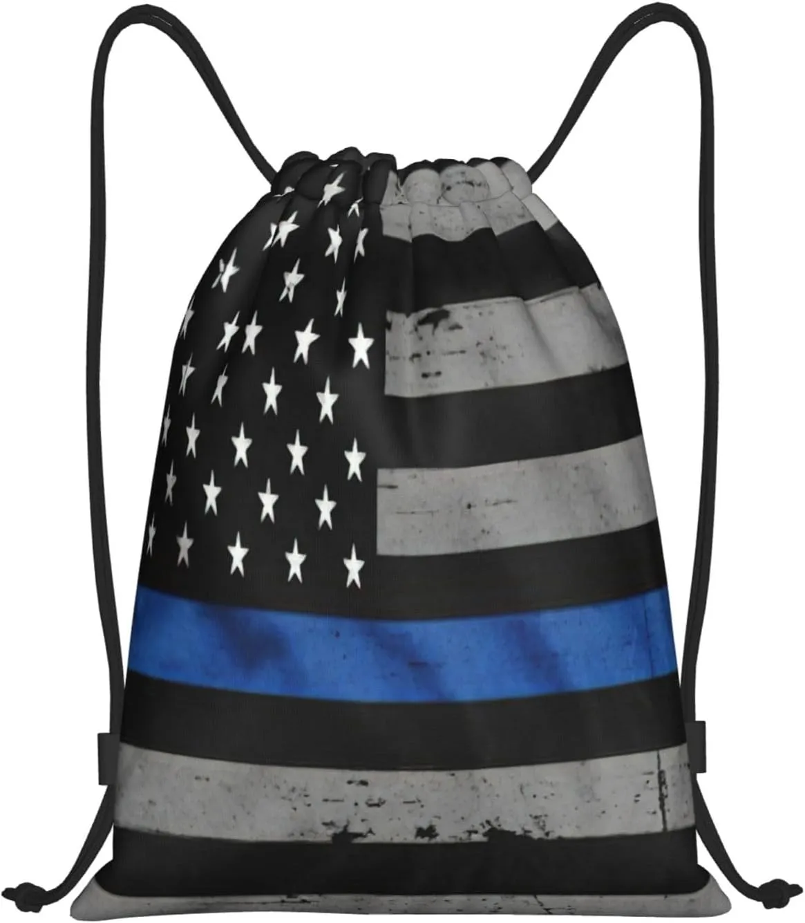 American Thin Blue Line Flag Print Drawstring Bags,Birthday Festival Gym Sports Traveling Multipurpose Sackpack, Black, M