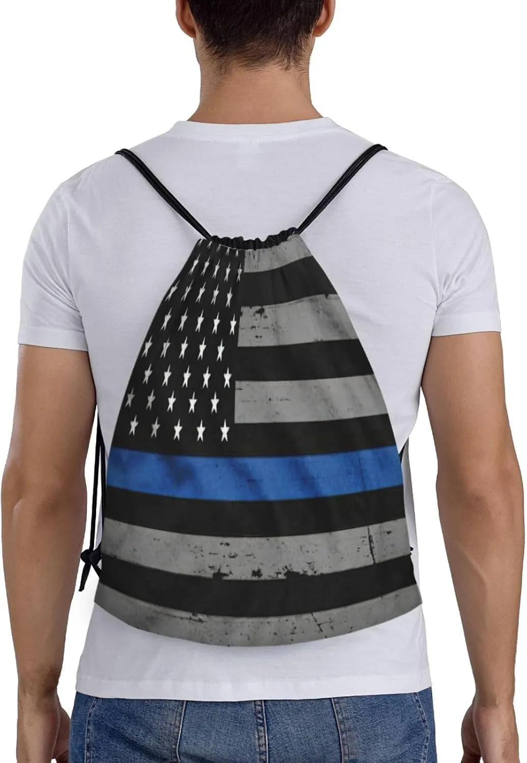 American Thin Blue Line Flag Print Drawstring Bags,Birthday Festival Gym Sports Traveling Multipurpose Sackpack, Black, M