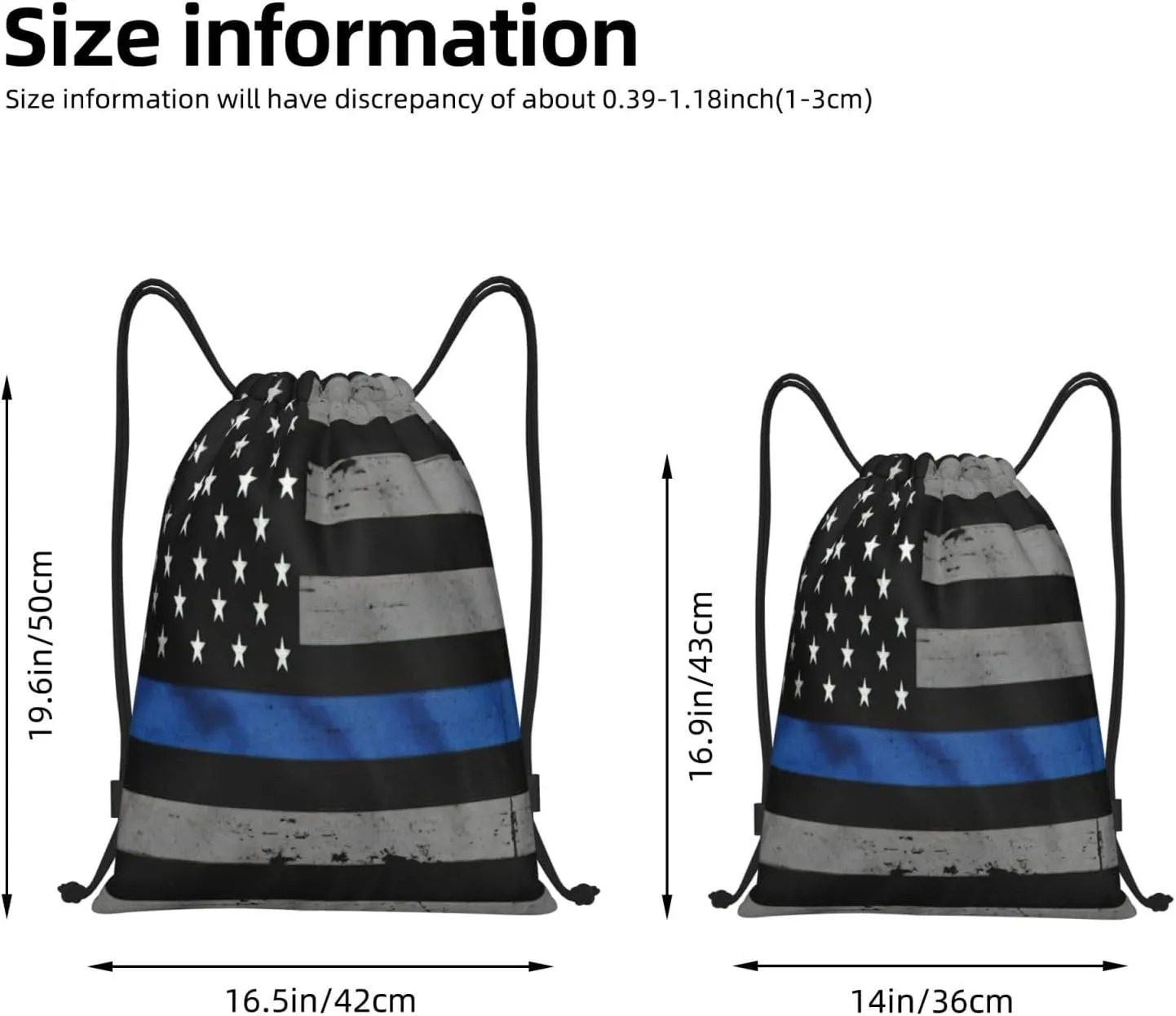 American Thin Blue Line Flag Print Drawstring Bags,Birthday Festival Gym Sports Traveling Multipurpose Sackpack, Black, M
