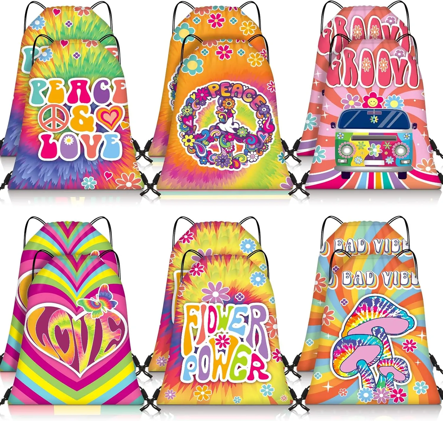 Amylove 12 Pcs Hippie Drawstring Bags 60s & 70s Peace Sign Tie Dye Party Favors