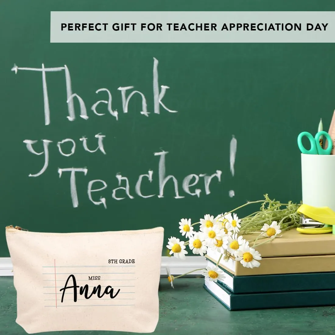 Andaz Press Personalized Teacher Appreciation Cosmetic Bags, Lined Notebook, Canvas Makeup Bag Teacher Zipper Pouch Custom Name Teacher Pouch Bag Teacher Appreciation Gifts, 9x 6.5 1-Pack