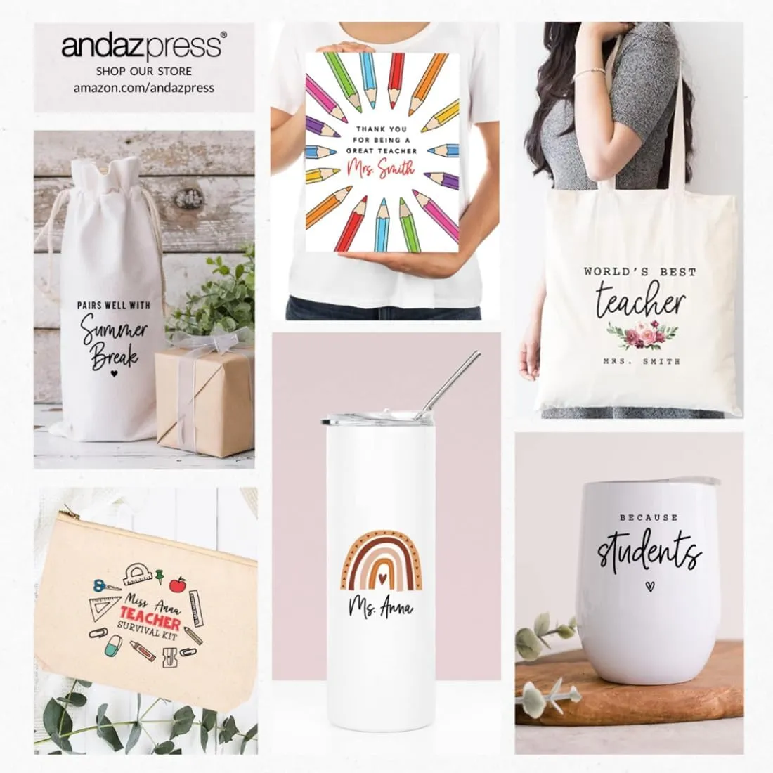 Andaz Press Personalized Teacher Appreciation Cosmetic Bags, Lined Notebook, Canvas Makeup Bag Teacher Zipper Pouch Custom Name Teacher Pouch Bag Teacher Appreciation Gifts, 9x 6.5 1-Pack