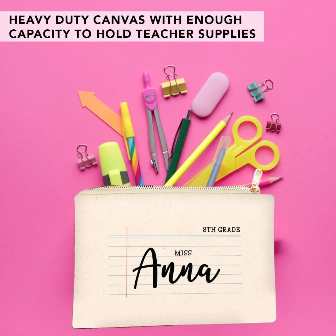Andaz Press Personalized Teacher Appreciation Cosmetic Bags, Lined Notebook, Canvas Makeup Bag Teacher Zipper Pouch Custom Name Teacher Pouch Bag Teacher Appreciation Gifts, 9x 6.5 1-Pack