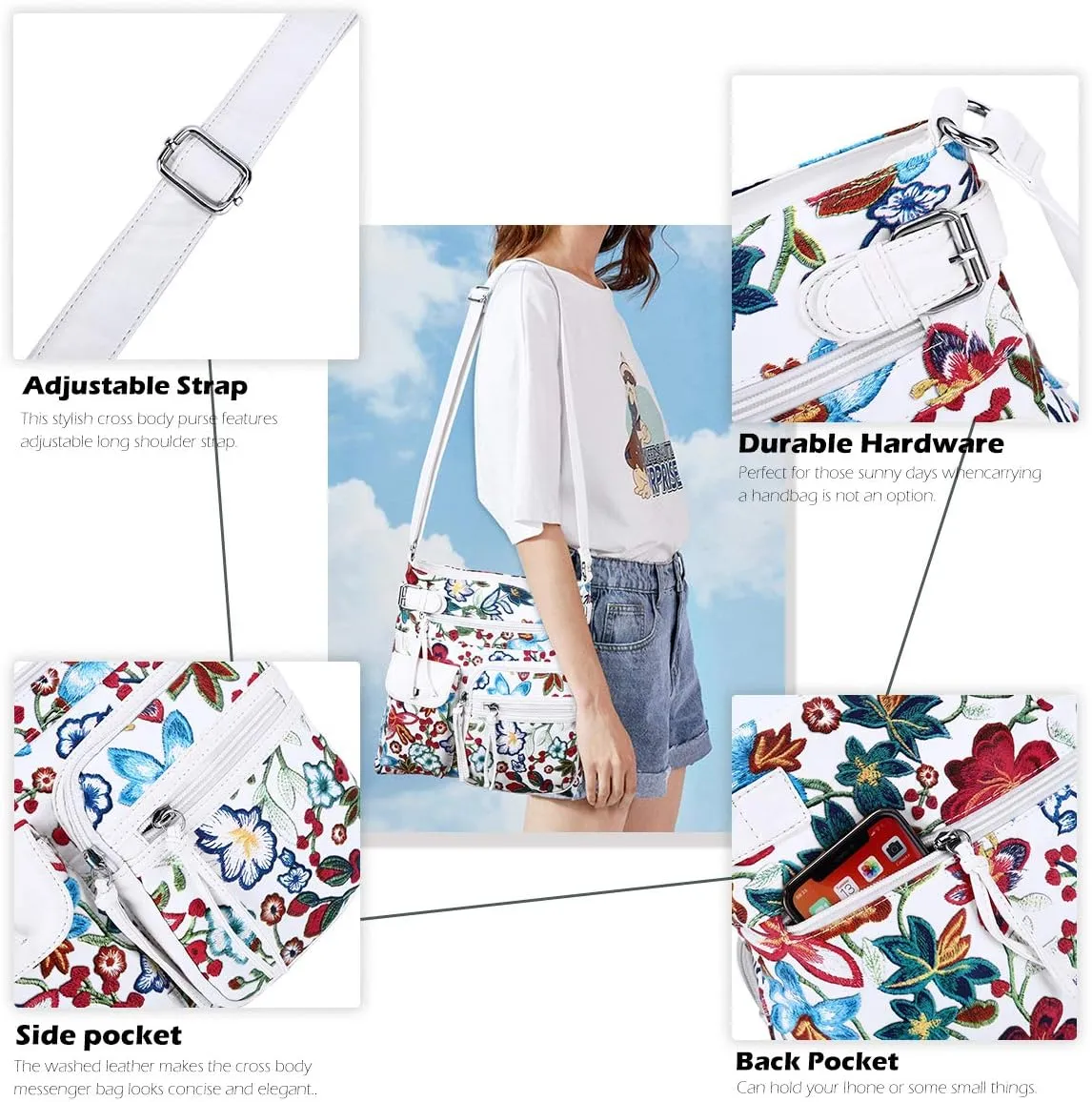 Angel Kiss Crossbody Bags for Women Washed Leather Shoulder Bags Multi Pocket Soft Hobo Purses and Medium Handbags