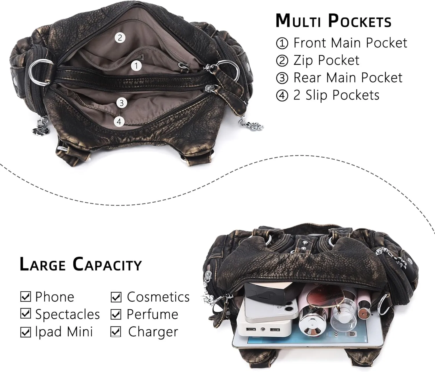 Angel Kiss Purses for Women Small Hobo Shoulder Bags Vagen Leather Multi-Pocket Tote Bag with Zipper