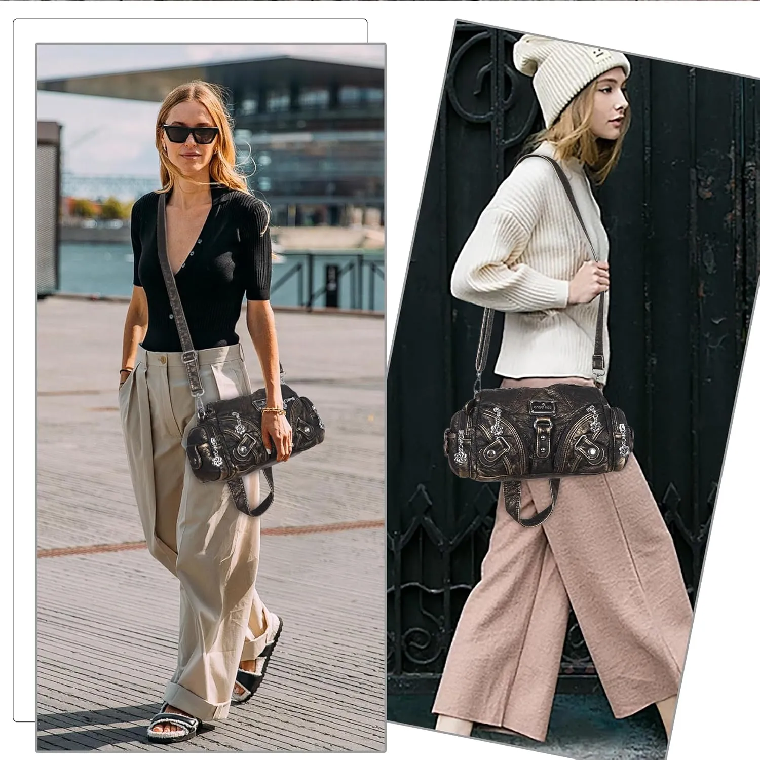 Angel Kiss Purses for Women Small Hobo Shoulder Bags Vagen Leather Multi-Pocket Tote Bag with Zipper