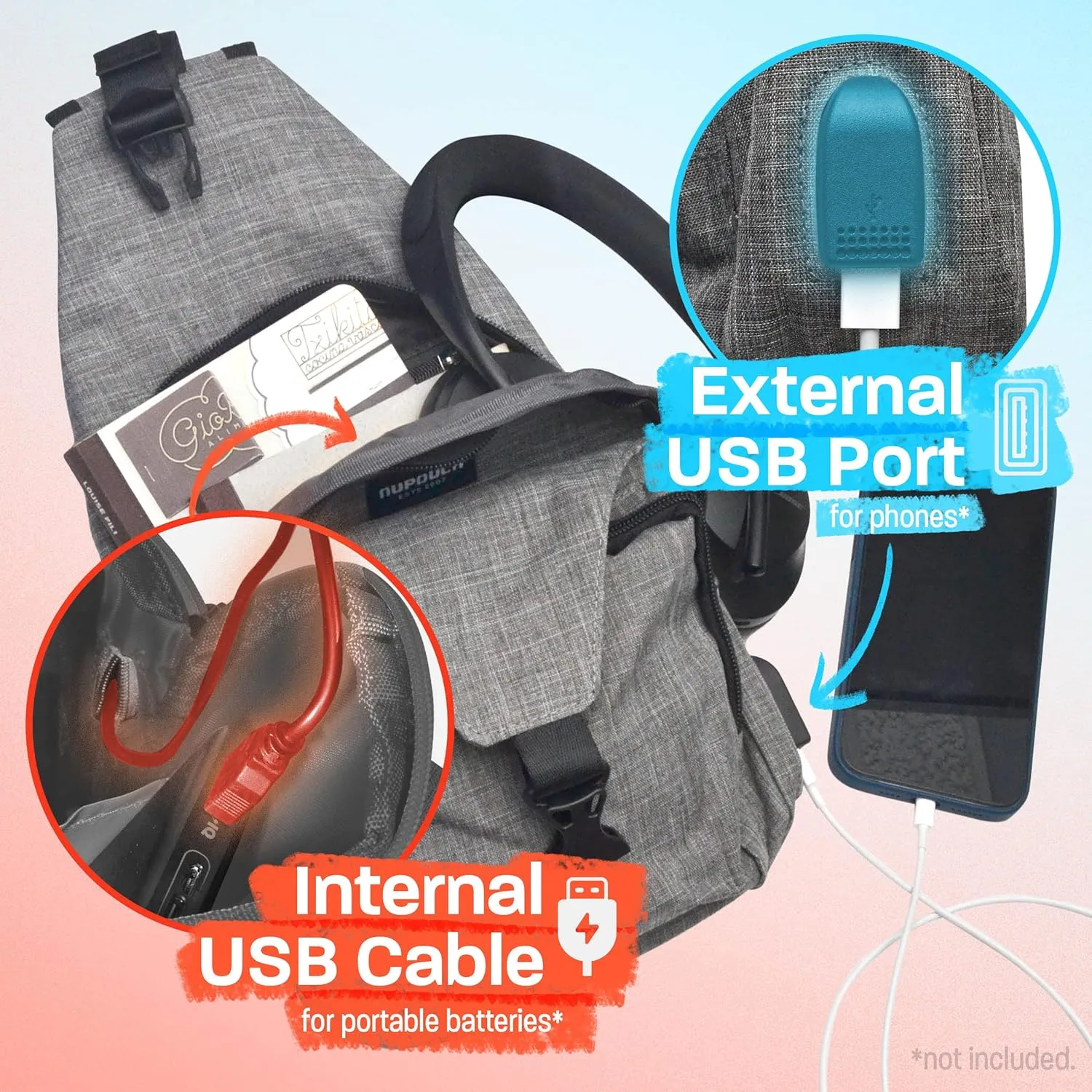 Anti-Theft Daypack Crossbody Sling Backpack, USB Charging Connector Port, Lightweight Day Pack for Travel, Hiking, Everyday, Large, Pink Bubbles
