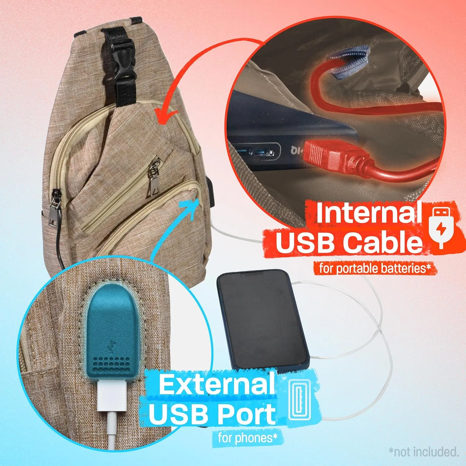 Anti-Theft Daypack Crossbody Sling Backpack, USB Charging Connector Port, Lightweight Day Pack for Travel, Hiking, Everyday, Regular, Amethyst Swirl
