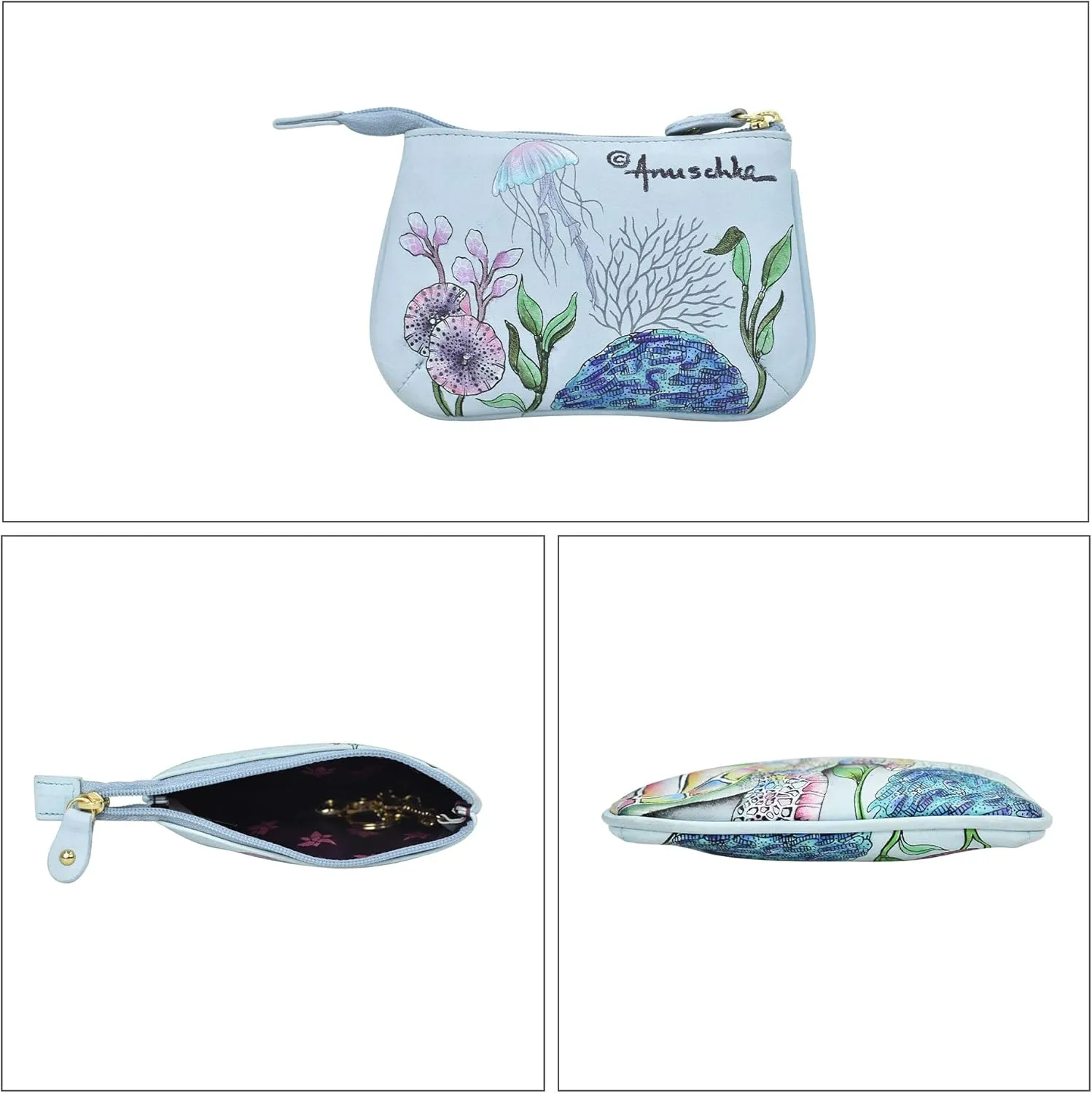 Anuschka Women’s Hand-Painted Genuine Leather Medium Zip Pouch - Coin and Key Pouch - Zippered, 2 Key Fobs
