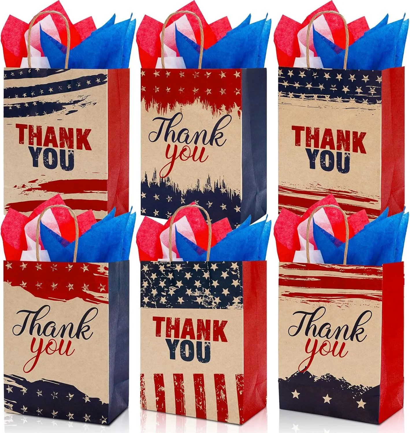 AnyDesign 18Pcs Patriotic Thank You Gift Bags with Red Blue White Tissue Paper 6 Designs 4th of July American Flag Paper Bags with Handle Retro Kraft Treat Bags for Veterans Day Independence Day