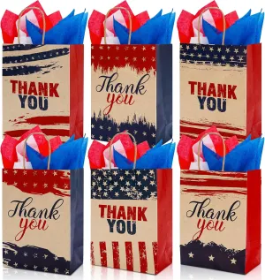 AnyDesign 18Pcs Patriotic Thank You Gift Bags with Red Blue White Tissue Paper 6 Designs 4th of July American Flag Paper Bags with Handle Retro Kraft Treat Bags for Veterans Day Independence Day