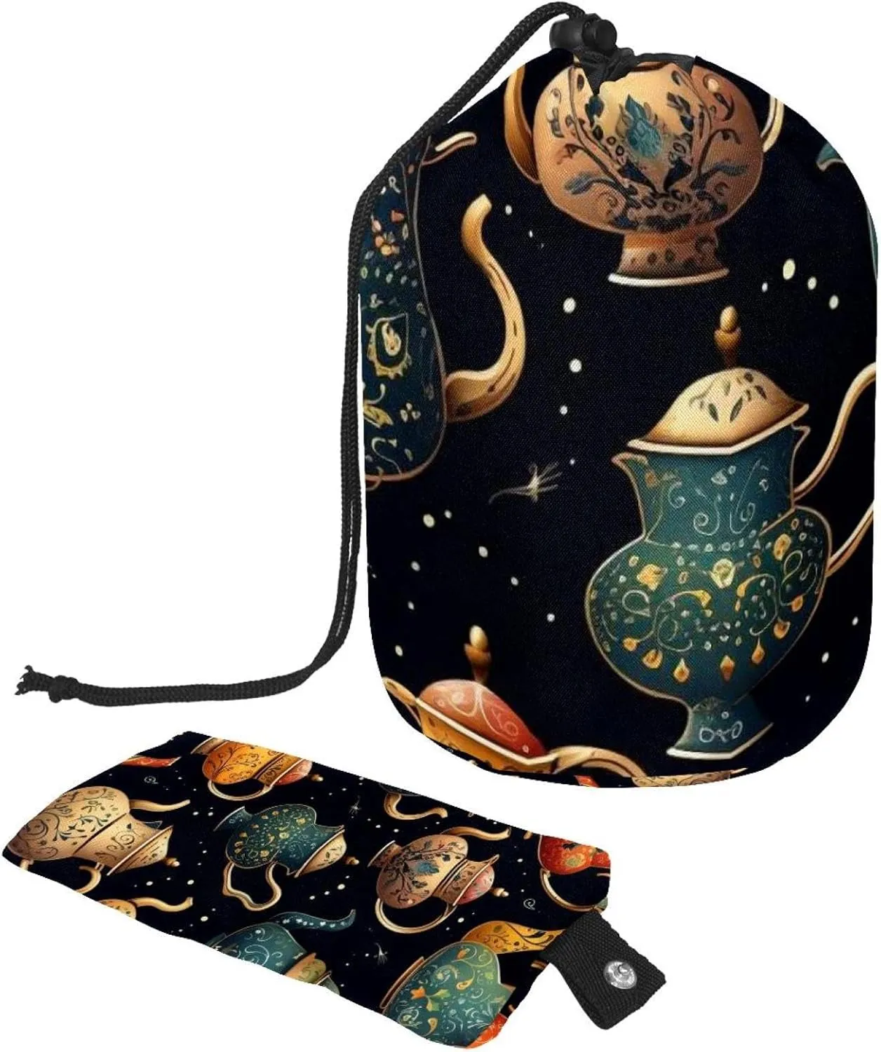 Arabian Tea Kettle Barrel Drawstring Makeup Bag Travel Cosmetic Bag Large Toiletry Organizer with Mini Zipper Pouch Waterproof for Women