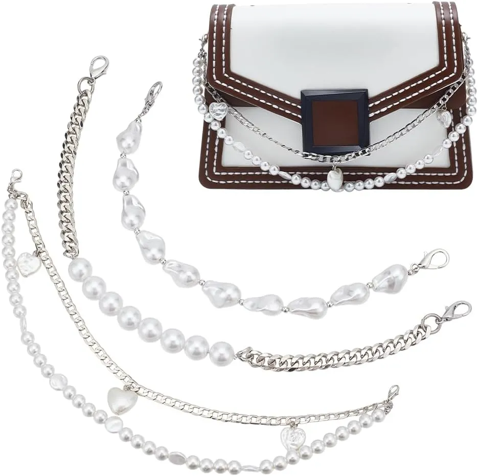 arricraft 3 Pcs Purse Pearl Chain Strap Replacement, 3 Styles Imitation Pearl with Iron Chain Handle Strap Chain Pearl Beaded Bag Extender Chains for Purse Handbag Wallet Crossbody Shoulder Bag