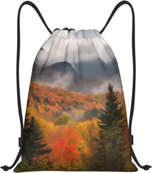 Autumn Foliage Mountains Drawstring Backpack for Men Women Sports Sackpack Waterproof Gym Sack Draw String Cinch Bags Medium