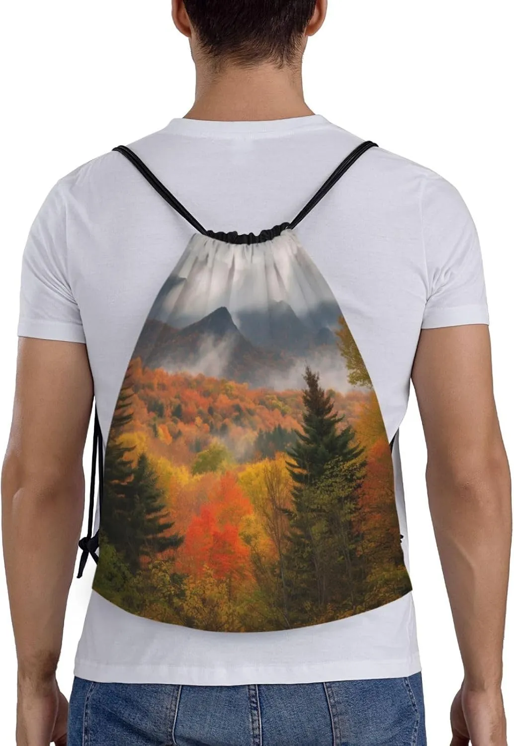 Autumn Foliage Mountains Drawstring Backpack for Men Women Sports Sackpack Waterproof Gym Sack Draw String Cinch Bags Medium