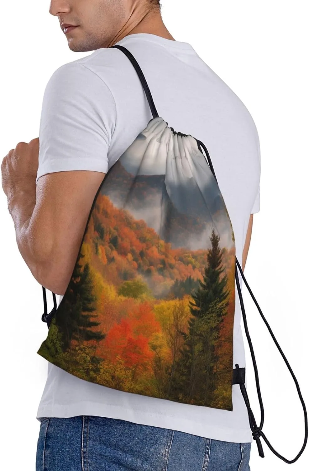 Autumn Foliage Mountains Drawstring Backpack for Men Women Sports Sackpack Waterproof Gym Sack Draw String Cinch Bags Medium