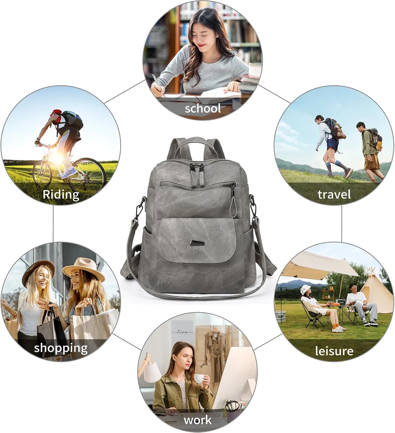 Backpack Purse for Women, PU Leather Backpack Purse, Fashion Travel Anti Theft Backpack, Multipurpose Lightweight Waterproof Convertible Purse Shoulder Bag Handbag, Grey