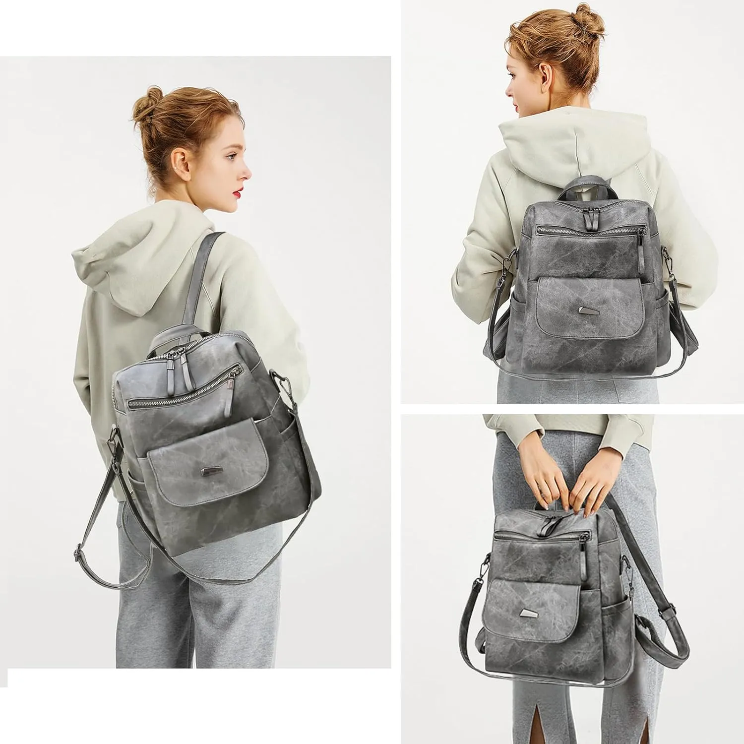 Backpack Purse for Women, PU Leather Backpack Purse, Fashion Travel Anti Theft Backpack, Multipurpose Lightweight Waterproof Convertible Purse Shoulder Bag Handbag, Grey