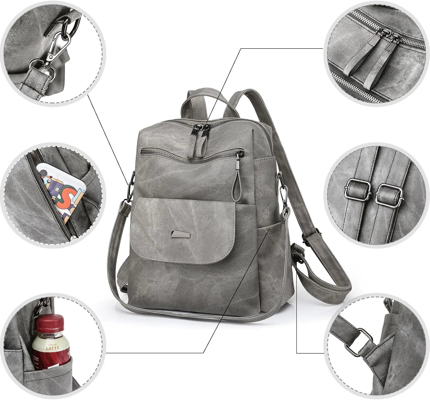 Backpack Purse for Women, PU Leather Backpack Purse, Fashion Travel Anti Theft Backpack, Multipurpose Lightweight Waterproof Convertible Purse Shoulder Bag Handbag, Grey