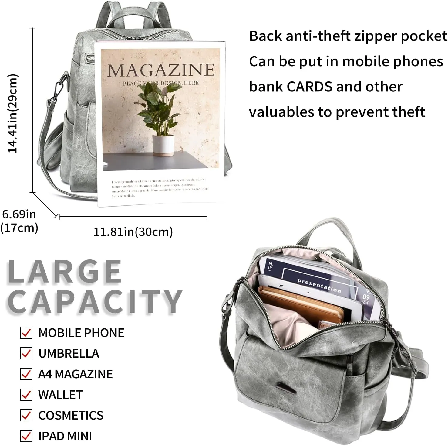 Backpack Purse for Women, PU Leather Backpack Purse, Fashion Travel Anti Theft Backpack, Multipurpose Lightweight Waterproof Convertible Purse Shoulder Bag Handbag, Grey