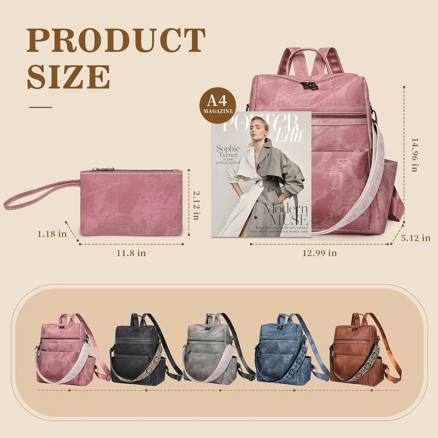 Backpack Purse for Women, PU Leather Backpack Purse, Waterproof Anti-Theft Women Backpack, Fashion Multi-Pocket Travel Backpack Shoulder Bag Handbag With Clutch, Pink