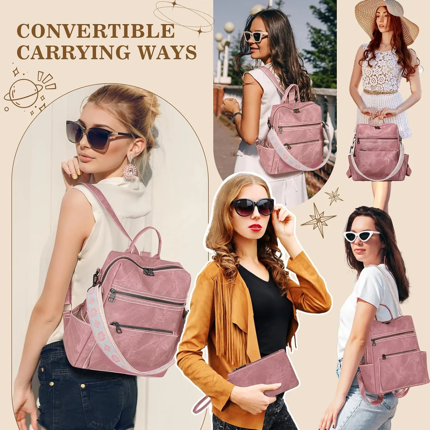 Backpack Purse for Women, PU Leather Backpack Purse, Waterproof Anti-Theft Women Backpack, Fashion Multi-Pocket Travel Backpack Shoulder Bag Handbag With Clutch, Pink