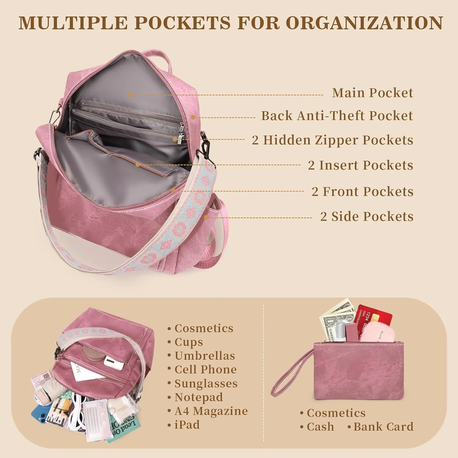 Backpack Purse for Women, PU Leather Backpack Purse, Waterproof Anti-Theft Women Backpack, Fashion Multi-Pocket Travel Backpack Shoulder Bag Handbag With Clutch, Pink