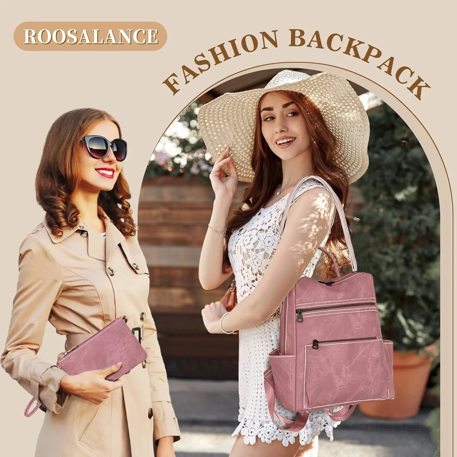 Backpack Purse for Women, PU Leather Backpack Purse, Waterproof Anti-Theft Women Backpack, Fashion Multi-Pocket Travel Backpack Shoulder Bag Handbag With Clutch, Pink