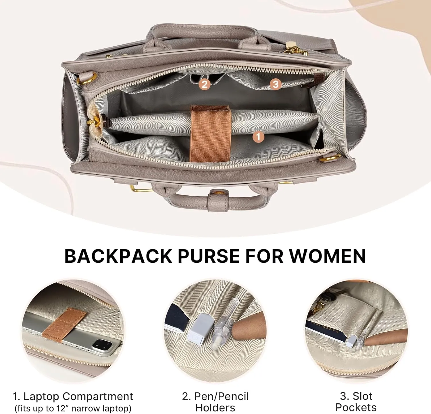 Backpack Purse for Women PU Leather Travel Backpack, 4 in 1 Designer Convertible Backpack Purse with Removable Strap (Beige)