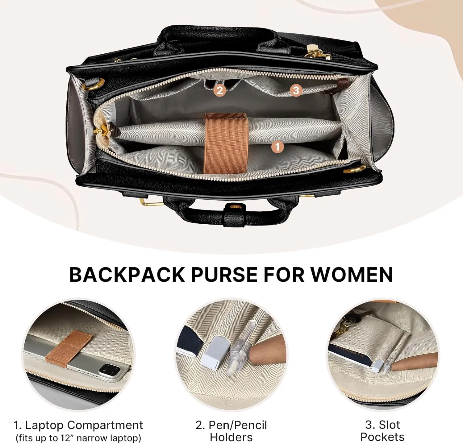 Backpack Purse for Women PU Leather Travel Backpack, 4 in 1 Designer Convertible Backpack Purse with Removable Strap (Black)