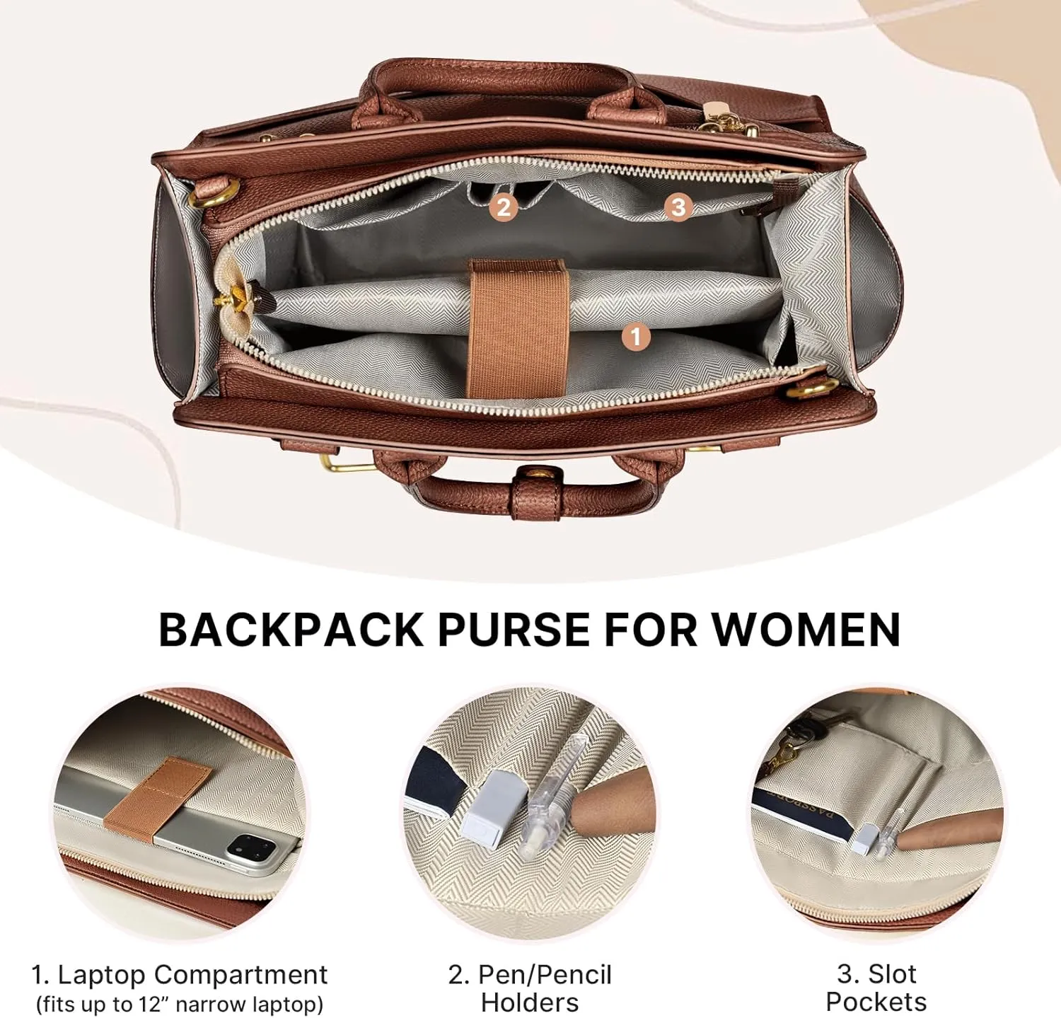 Backpack Purse for Women PU Leather Travel Backpack, 4 in 1 Designer Convertible Backpack Purse with Removable Strap (Brown)