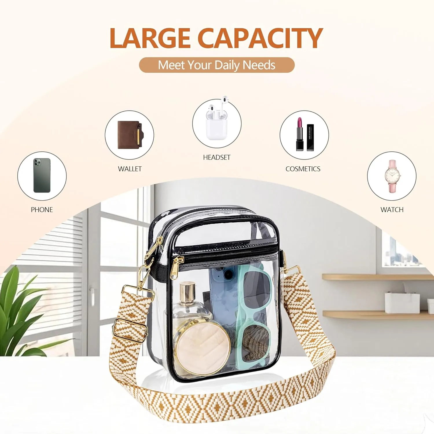 Bagenius Clear Bag for Stadium Events, Clear Purse with Removable Strap, Messenger Bag for Concert Work Sport Events