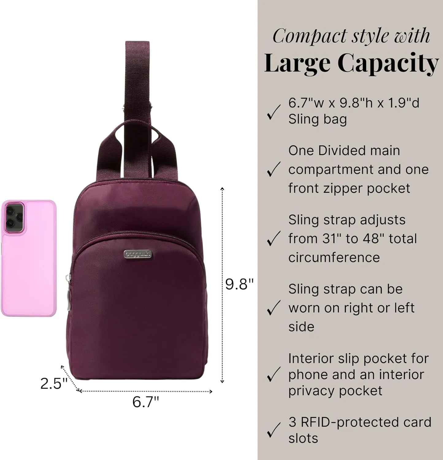 Baggallini Essential Small 12x7 Inch Sling Crossbody Bag with Convertible Adjustable Shoulder Strap