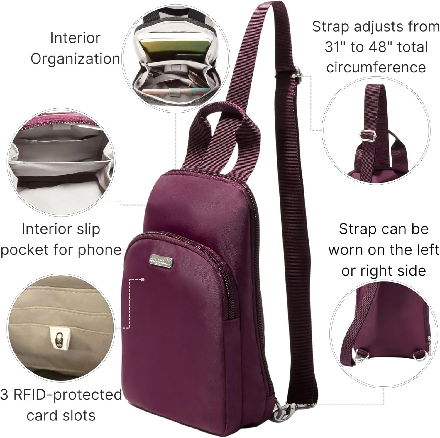 Baggallini Essential Small 12x7 Inch Sling Crossbody Bag with Convertible Adjustable Shoulder Strap