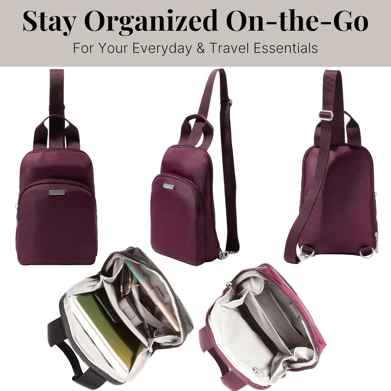 Baggallini Essential Small 12x7 Inch Sling Crossbody Bag with Convertible Adjustable Shoulder Strap