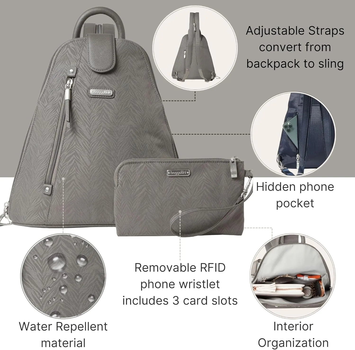 Baggallini Metro Backpack with RFID Phone Wristlet - 9x11 Convertible Sling Bag for Women with Adjustable Shoulder Straps