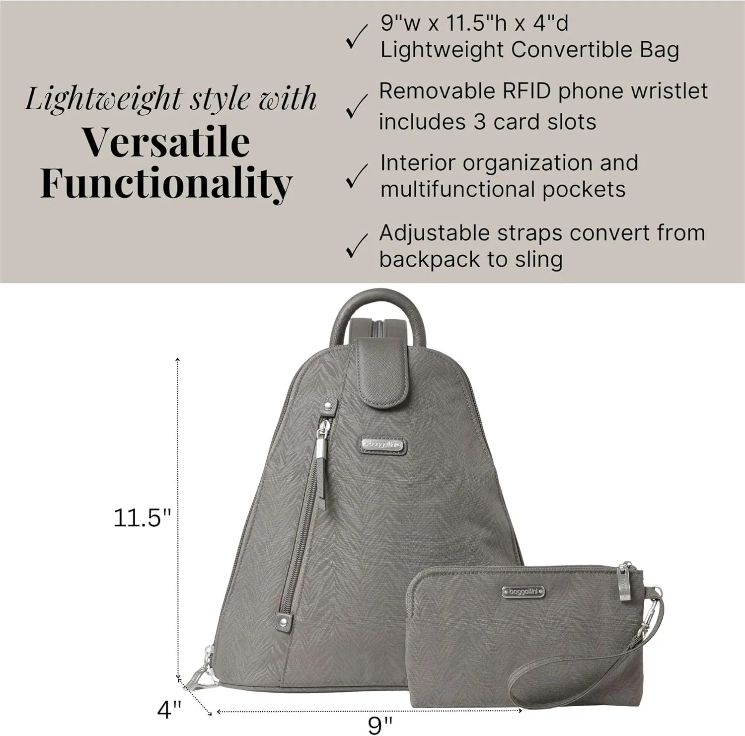 Baggallini Metro Backpack with RFID Phone Wristlet - 9x11 Convertible Sling Bag for Women with Adjustable Shoulder Straps