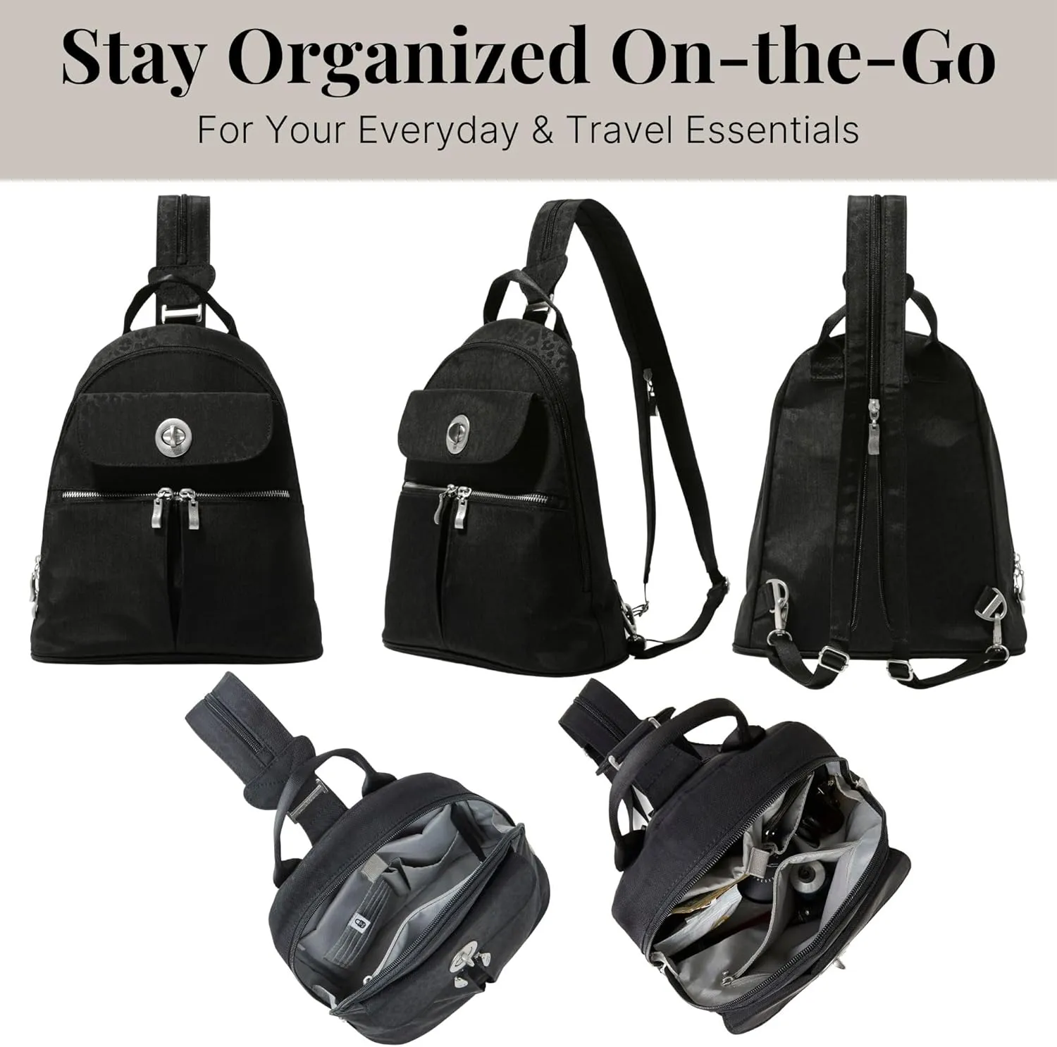 Baggallini Naples Convertible Small Daypack Sling Crossbody, Black Cheetah Emboss
