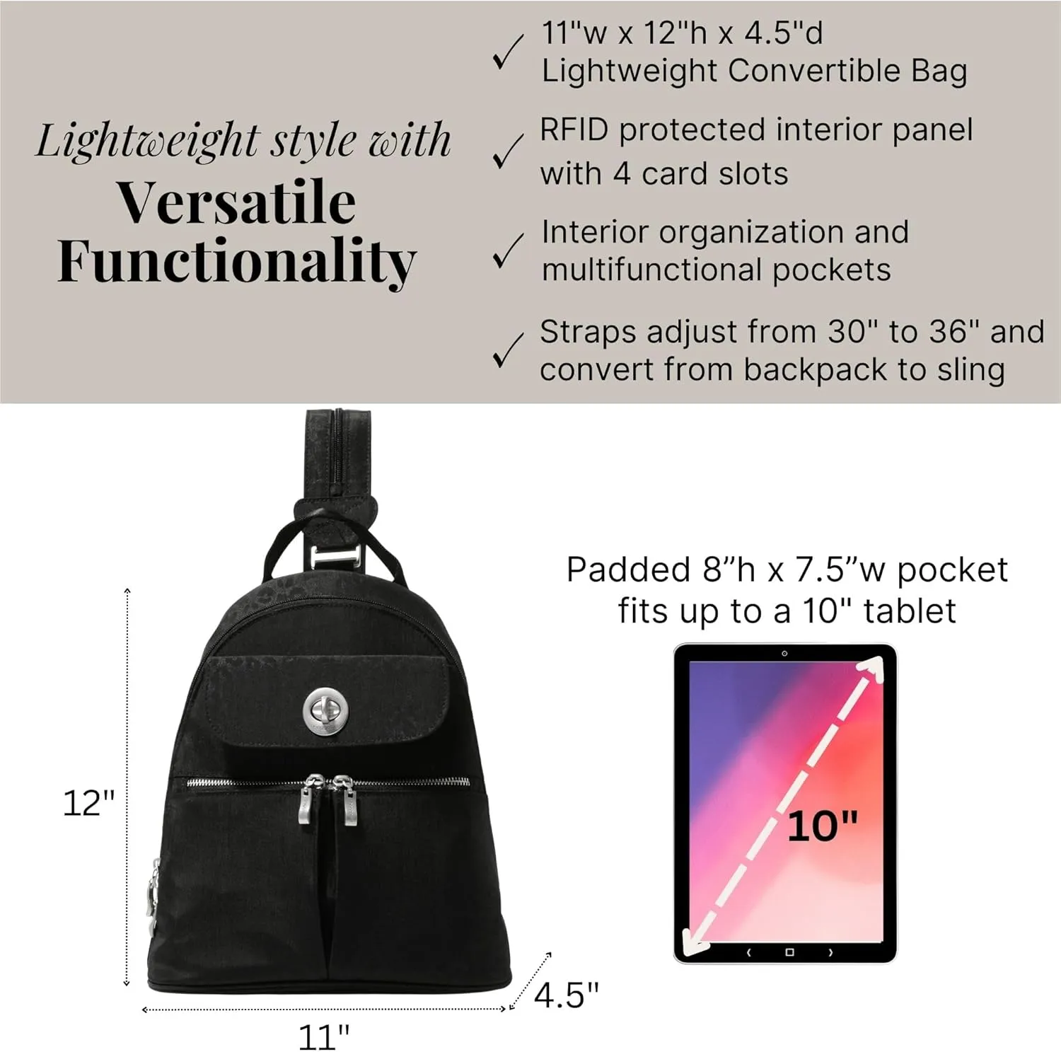 Baggallini Naples Convertible Small Daypack Sling Crossbody, Black Cheetah Emboss