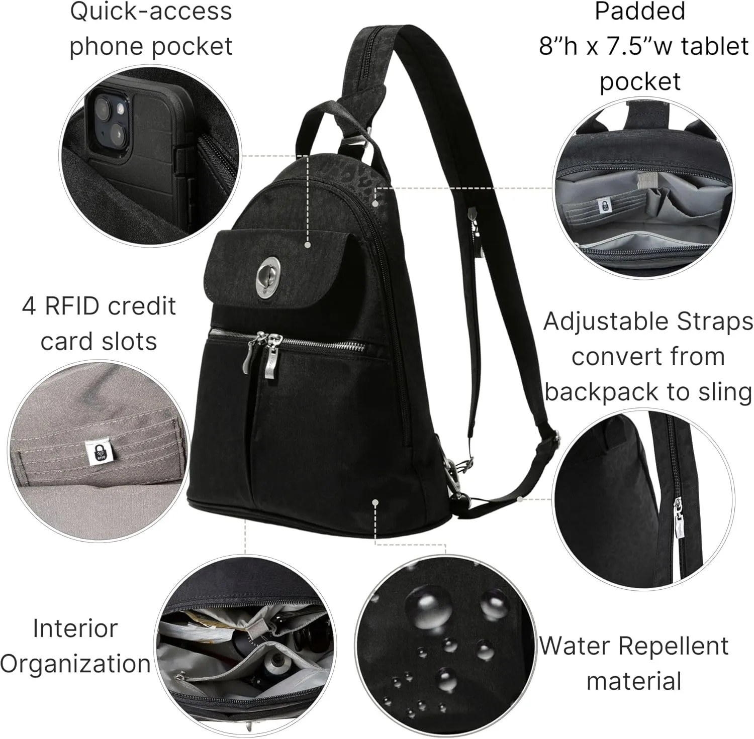 Baggallini Naples Convertible Small Daypack Sling Crossbody, Black Cheetah Emboss