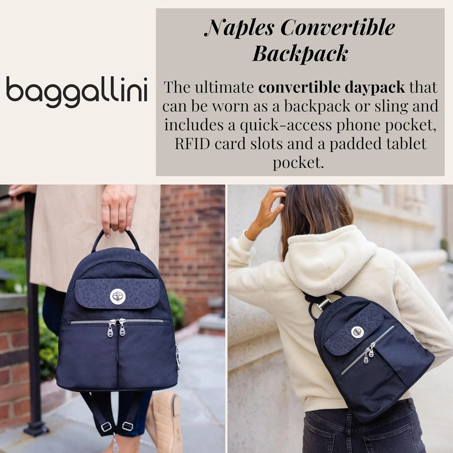 Baggallini Naples Convertible Small Daypack Sling Crossbody, Black Cheetah Emboss