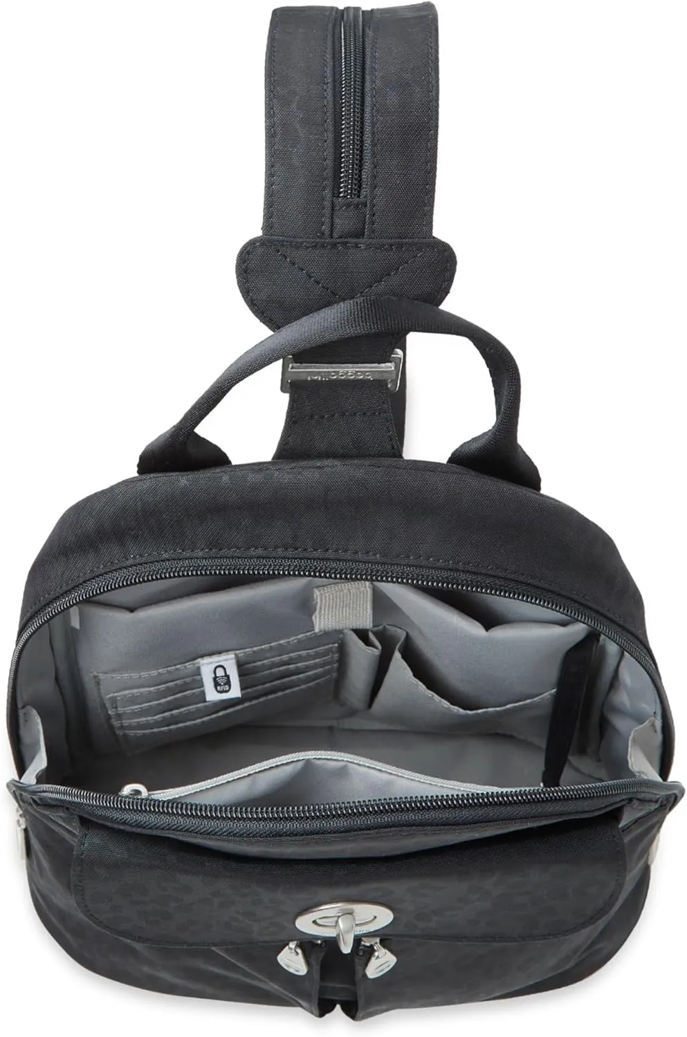 Baggallini Naples Convertible Small Daypack Sling Crossbody, Black Cheetah Emboss