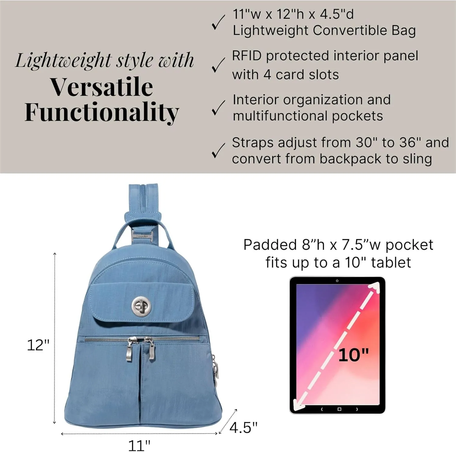 Baggallini Naples Convertible Small Daypack Sling Crossbody, Cornflower