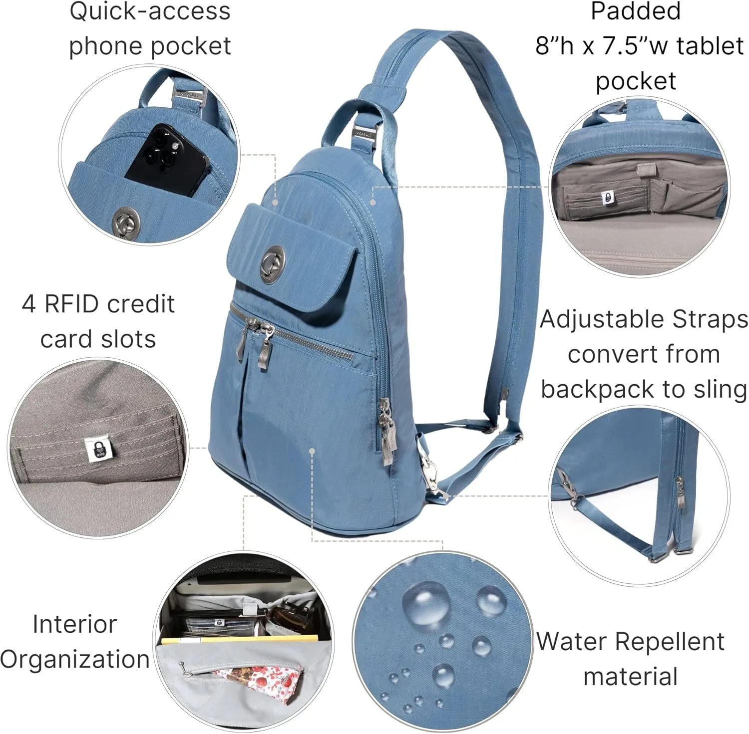 Baggallini Naples Convertible Small Daypack Sling Crossbody, Cornflower