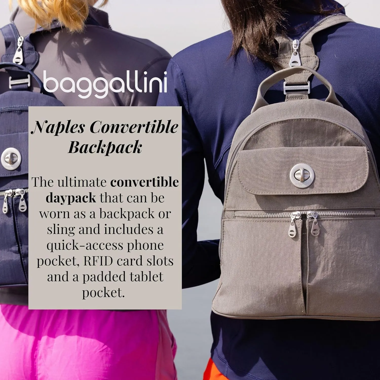 Baggallini Naples Convertible Small Daypack Sling Crossbody, Mulberry Opal