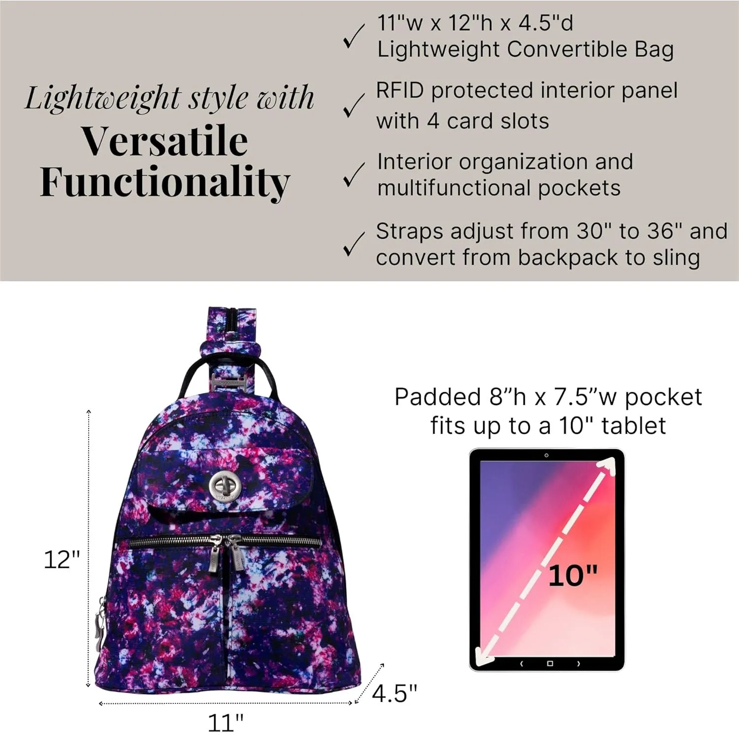 Baggallini Naples Convertible Small Daypack Sling Crossbody, Mulberry Opal