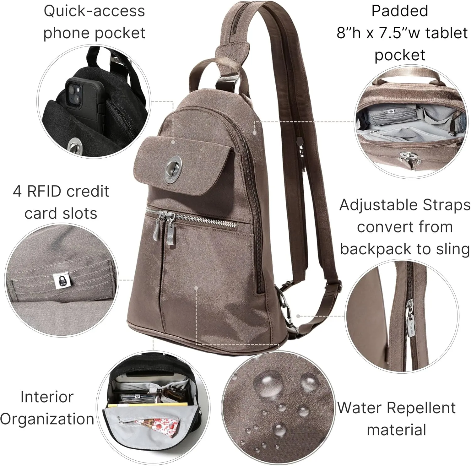 Baggallini Naples Convertible Small Daypack Sling Crossbody, Portobello Shimmer